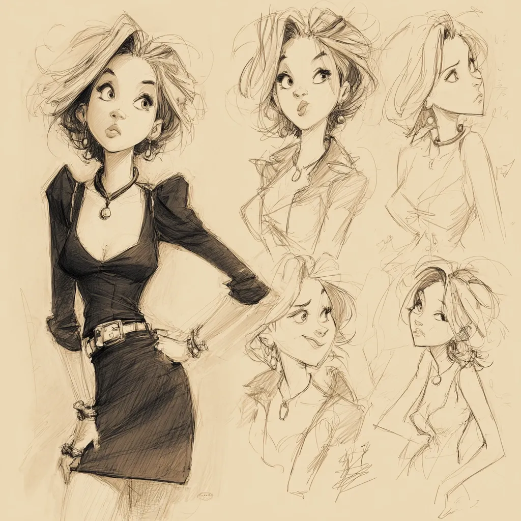 A collection of pencil sketches depict a stylized female character in various poses and expressions.  The main figure wears a fitted black dress and accessories.  The other sketches show variations in her hairstyle, clothing, and facial features, suggesting different character explorations or emotional states. The style is loose and expressive, focusing on capturing personality rather than precise detail.