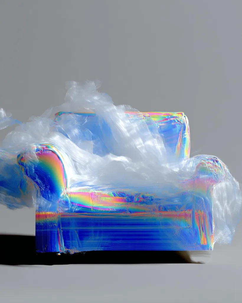 A surreal image depicts a couch seemingly melting or dissolving.  It's enveloped in a cloud-like substance, possibly plastic wrap, displaying iridescent rainbow colors. The couch's form is distorted and partially obscured, creating an ethereal and somewhat unsettling effect against a neutral gray background.  The overall impression is one of fragility and transformation.