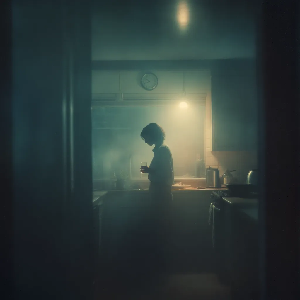 A woman stands silhouetted in a dimly lit kitchen, holding a glass.  The room is shrouded in a hazy, teal-toned atmosphere, illuminated by soft overhead lighting.  The scene evokes a feeling of solitude and introspection.  Kitchen appliances are visible, but indistinct in the low light. The overall mood is melancholic and mysterious.
