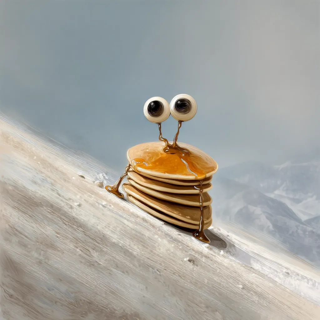 A whimsical illustration depicts a stack of pancakes as a creature.  Two large googly eyes are perched atop, with thin stems dripping syrup down the sides of the fluffy stack.  The pancake creature appears to be sliding down a light-colored, gently sloping surface, against a muted background suggesting a snowy landscape. The overall tone is lighthearted and playful.