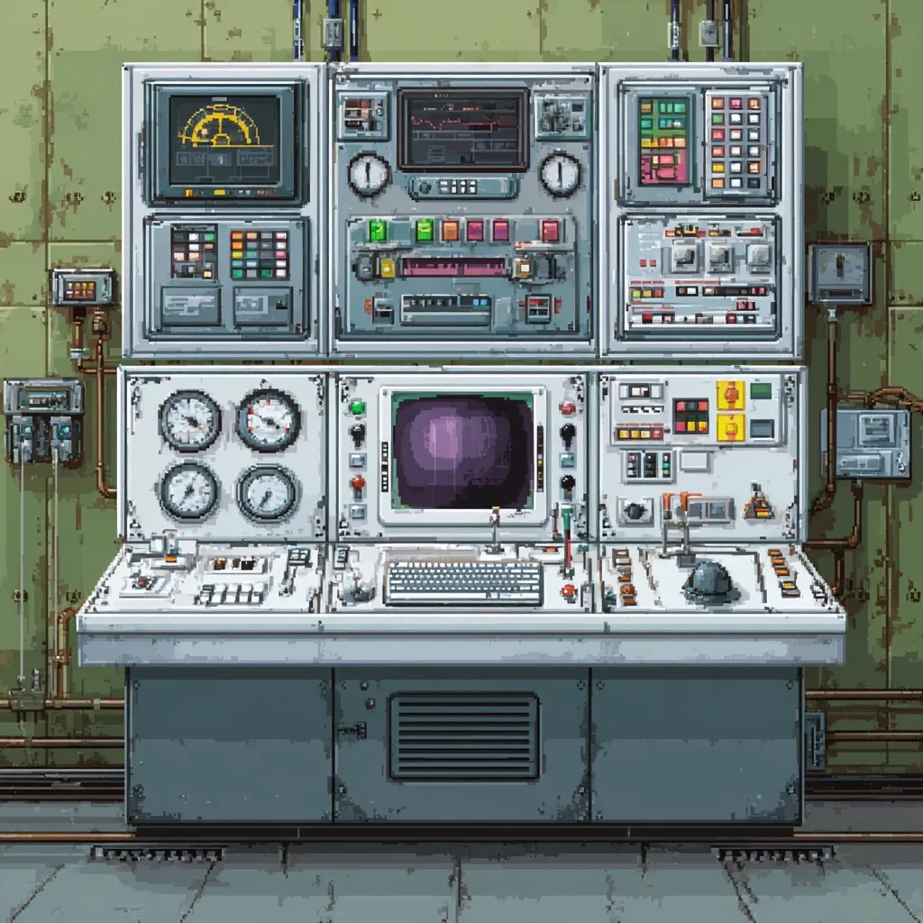 A pixel art depiction of a vintage control panel.  Multiple screens, dials, buttons, and gauges are arranged on a large console.  The design evokes a retro-futuristic or science fiction aesthetic.  Pipes and wiring are visible on the wall behind, suggesting an industrial or technological setting. The overall style is reminiscent of classic video games.