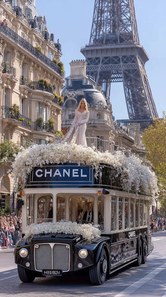 A bride in a beaded gown stands atop a vintage Chanel bus adorned with lavish white floral arrangements.  The Eiffel Tower is visible in the background, creating a picturesque Parisian setting. The bus, a striking black and white, is decorated luxuriously, suggesting a high-fashion event or parade. The scene exudes elegance and sophistication.