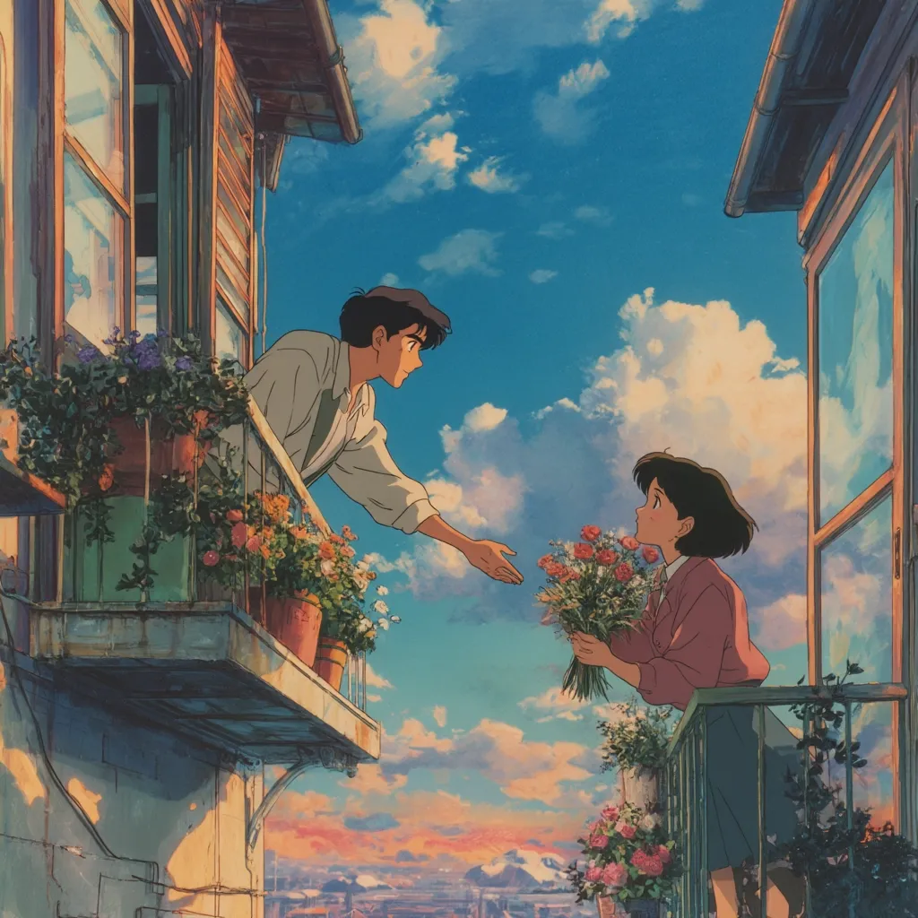 A romantic anime scene unfolds under a vibrant, cloudy sky. A young man leans from a balcony, extending his hand towards a young woman on an adjacent balcony. She holds a bouquet of flowers, their eyes meeting across the gap.  Flower boxes adorn both balconies, adding to the picturesque setting of old, European-style buildings.  The overall mood is serene and heartfelt.