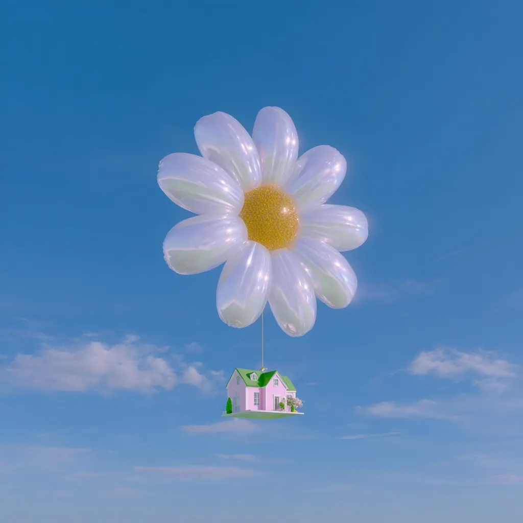 A whimsical image depicts a miniature pink house suspended beneath a large, iridescent daisy-shaped balloon.  The balloon floats in a clear blue sky dotted with fluffy white clouds. The scene evokes a sense of dreamy, childlike wonder and represents a fantastical concept of home and flight. The pastel colors and soft lighting enhance the ethereal mood.