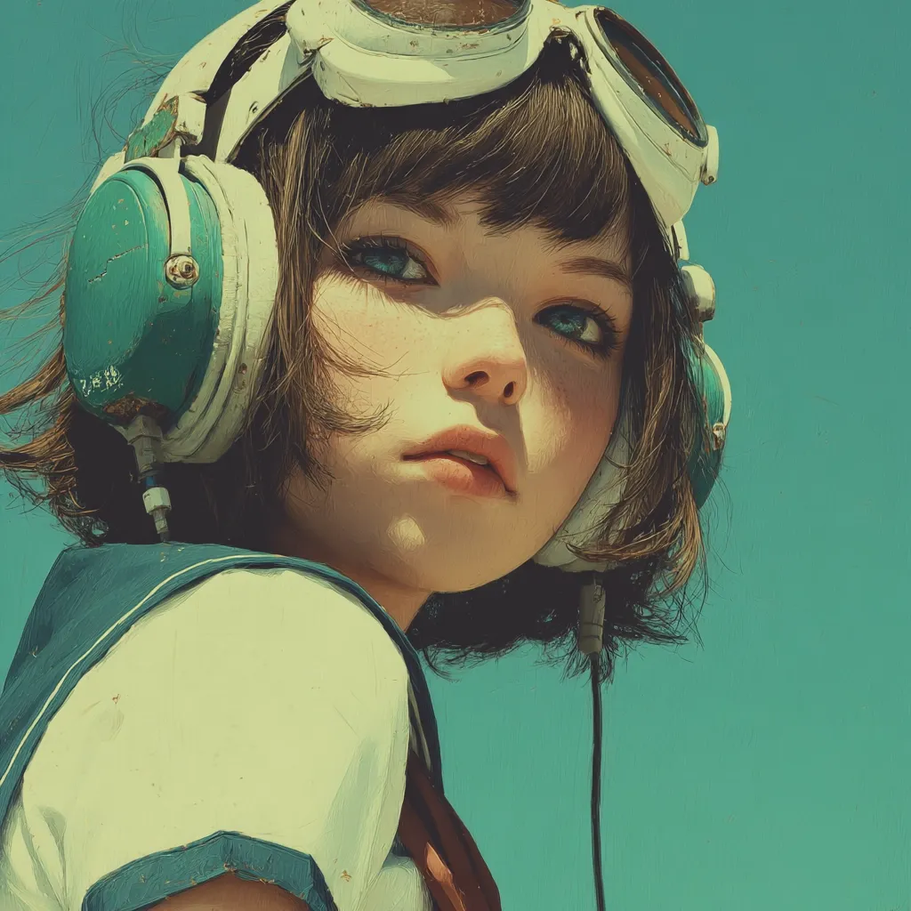 A stylized portrait of a young girl with short brown hair, wearing aviator goggles and large teal headphones.  She's dressed in a sailor-style collared shirt, her gaze directed slightly away from the viewer. The artwork features a muted color palette with a vintage aesthetic, giving it a nostalgic and dreamy feel.  The background is a simple, clear blue sky.