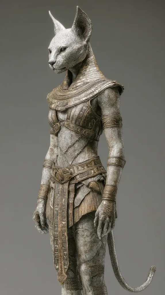 A statue of a feline-headed humanoid, possibly inspired by ancient Egyptian mythology, is depicted.  The figure wears elaborate, intricately detailed bronze-colored armor and garments adorned with hieroglyphic-like markings. Its stone-like texture suggests age and a weathered appearance. The pose is serene yet powerful, conveying a sense of regal strength and mystery.