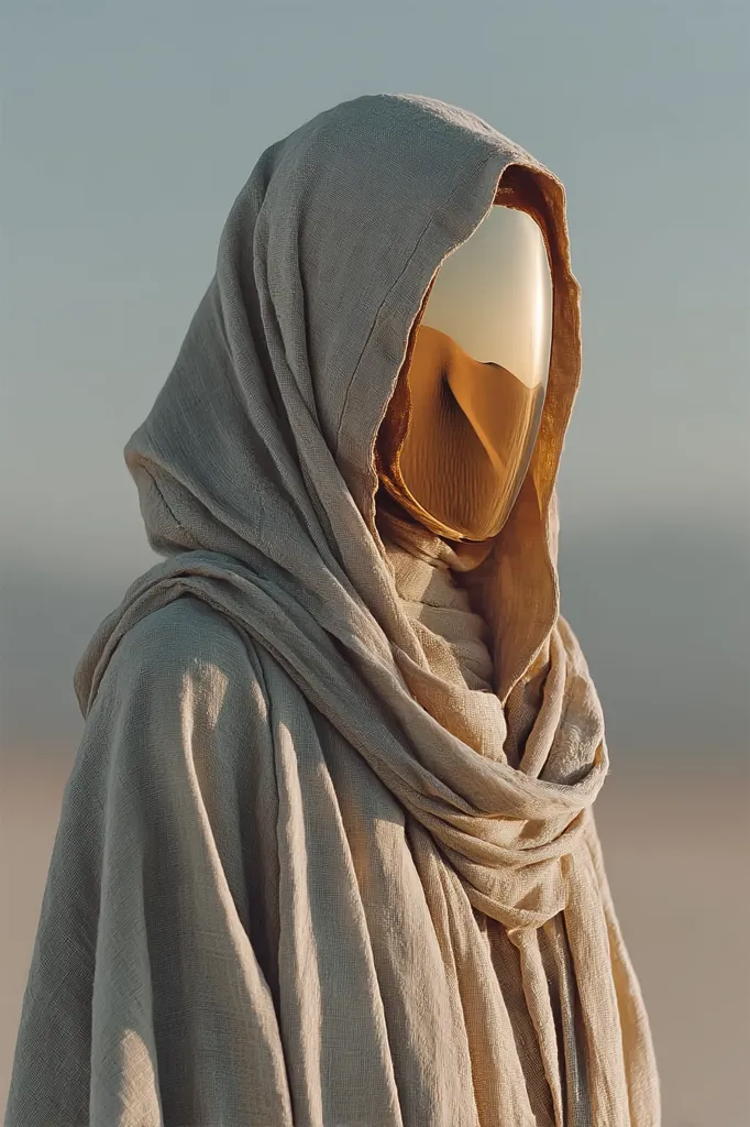 A figure draped in a flowing, light beige robe stands against a muted sky.  The robe's hood obscures the face, replaced by a reflective gold mask that mirrors the landscape, possibly a desert.  The image evokes a sense of mystery and solitude, with the golden mask adding an element of otherworldliness. The texture of the fabric is prominent, suggesting a natural, possibly linen, material.