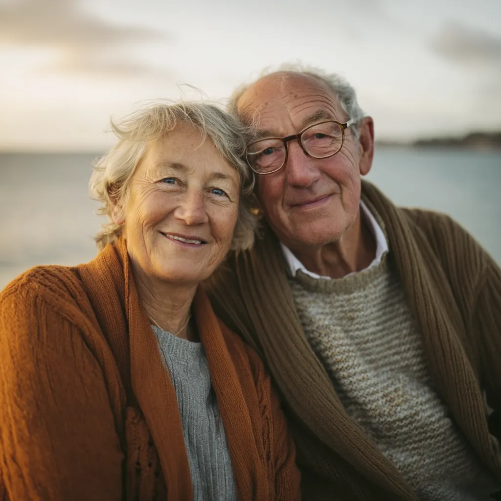 A close-up shot of an elderly couple embracing.  The woman, with short gray hair, wears a rust-colored cardigan and smiles warmly.  Her husband, wearing glasses, has short gray hair and is dressed in a beige sweater under a brown cardigan.  They appear content and affectionate, with a calm, peaceful background suggesting a serene outdoor setting.  Their expressions convey a deep connection and shared contentment.