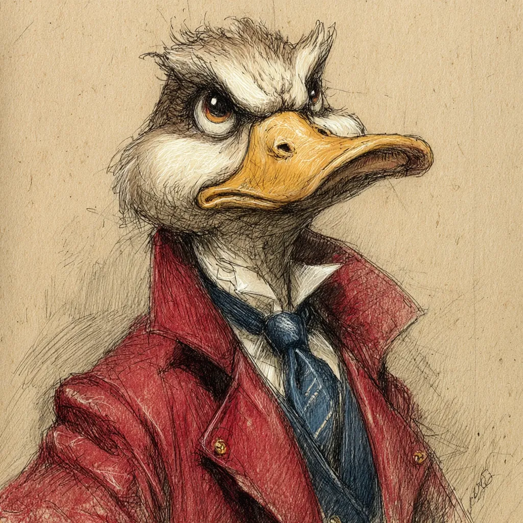 A meticulously detailed pen-and-ink drawing depicts an anthropomorphic duck, sharply dressed in a red jacket and a dark blue tie.  The duck's expression is one of stern disapproval, its gaze directed slightly upward and to the right.  The artist's skillful shading and line work create a strong sense of texture in the duck's feathers and the fabric of its clothing. The overall style evokes a vintage illustration or character design.
