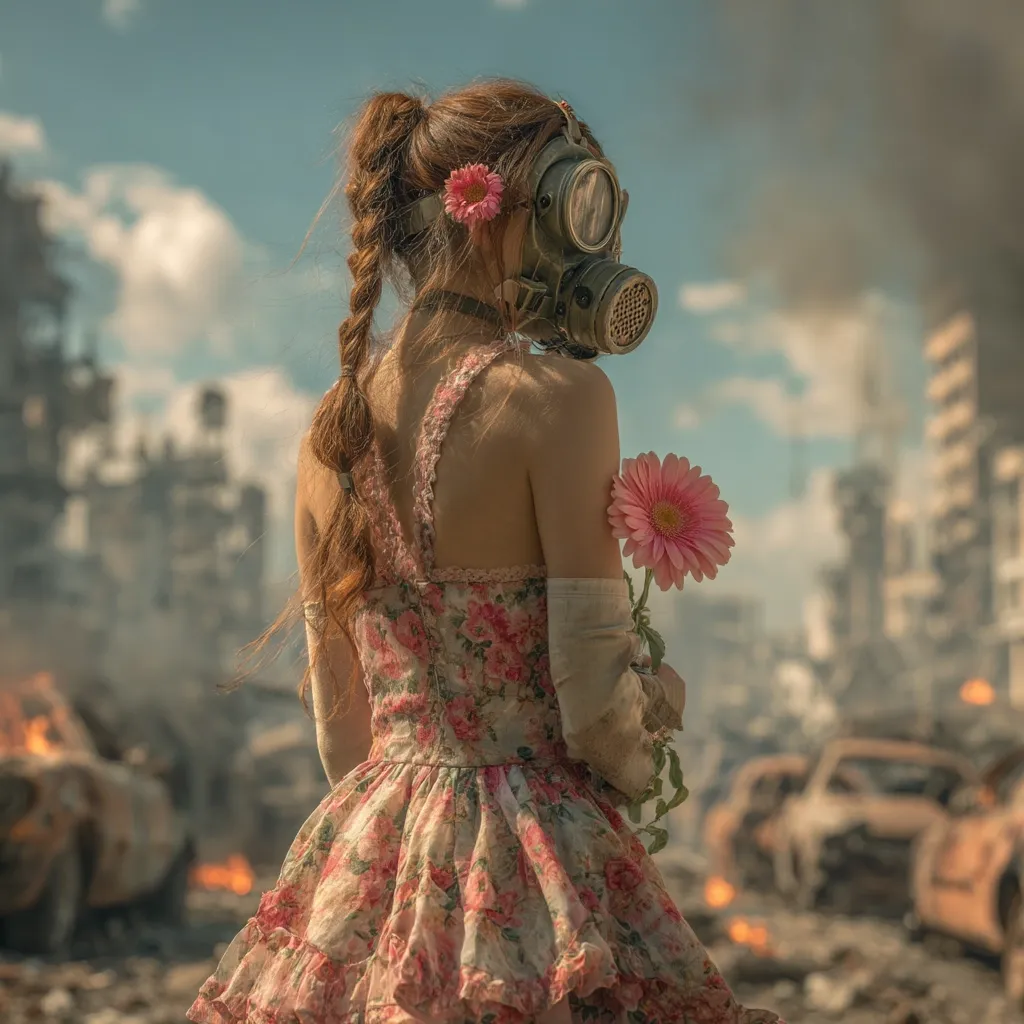 A young woman in a floral dress stands amidst a post-apocalyptic landscape, her back to the viewer.  She wears a gas mask and holds a pink gerbera daisy, a stark contrast to the ruined city and burning cars behind her. The image evokes a sense of fragility and resilience in the face of devastation.  Her braided hair and delicate dress highlight the juxtaposition of beauty and destruction.
