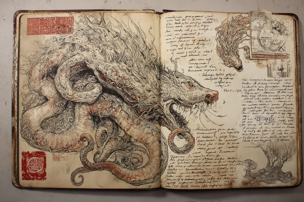 An open book displays intricate pen-and-ink drawings of a serpentine, dragon-like creature. The creature's design is highly detailed, with textured skin and flowing lines, resembling a mythical beast.  Surrounding the main illustration are smaller sketches and handwritten text in an archaic style, giving the appearance of a medieval bestiary or grimoire.  The aged paper and stamps add to the antique feel.