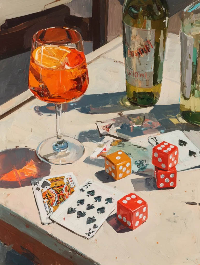 A vibrant still life painting depicts a sun-drenched table scene.  A glass of Aperol Spritz sits alongside two bottles of wine, partially obscured by playing cards and three stacks of dice. The warm sunlight casts dramatic shadows, enhancing the rich colors of the drink and the playfully scattered game pieces. The overall impression is one of casual summer enjoyment.