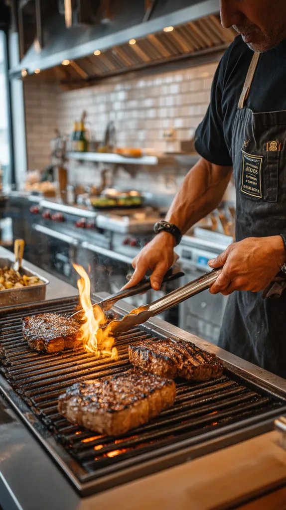 A chef expertly grills three thick-cut steaks on a high-heat grill.  Flames flare up, adding char and flavor.  The chef uses long tongs to carefully maneuver the meat.  The setting is a professional kitchen, with a modern, clean aesthetic.  The image emphasizes the skill and precision involved in preparing a high-quality meal.
