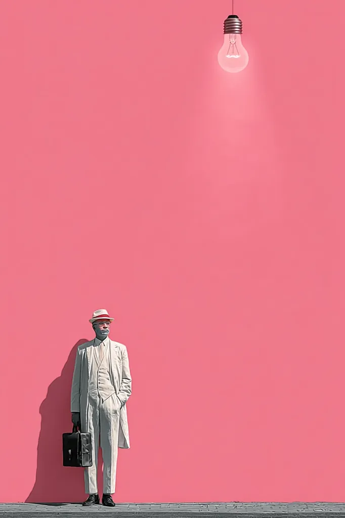 A man in a white suit and hat stands against a pink wall, holding a briefcase. Above him, a single lightbulb hangs from the ceiling, casting a soft glow. The minimalist composition suggests ideas of inspiration, innovation, or the search for solutions. The contrast between the man's attire and the bright pink background creates a striking visual effect.  The overall image evokes a feeling of contemplation and potential.