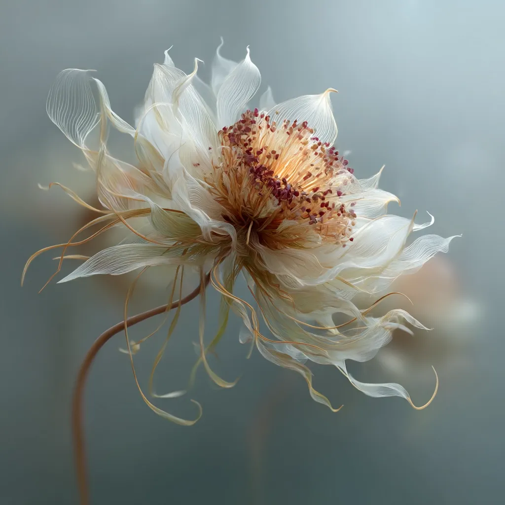A delicate, dried flower dominates the image, its translucent petals and wispy filaments creating a ethereal beauty.  The flower's center is a warm, earthy tone, contrasting with the pale, almost ghostly, outer petals.  The soft, muted background enhances the flower's fragility and the overall serene atmosphere.  The stem gracefully curves, adding to the image's elegant simplicity.