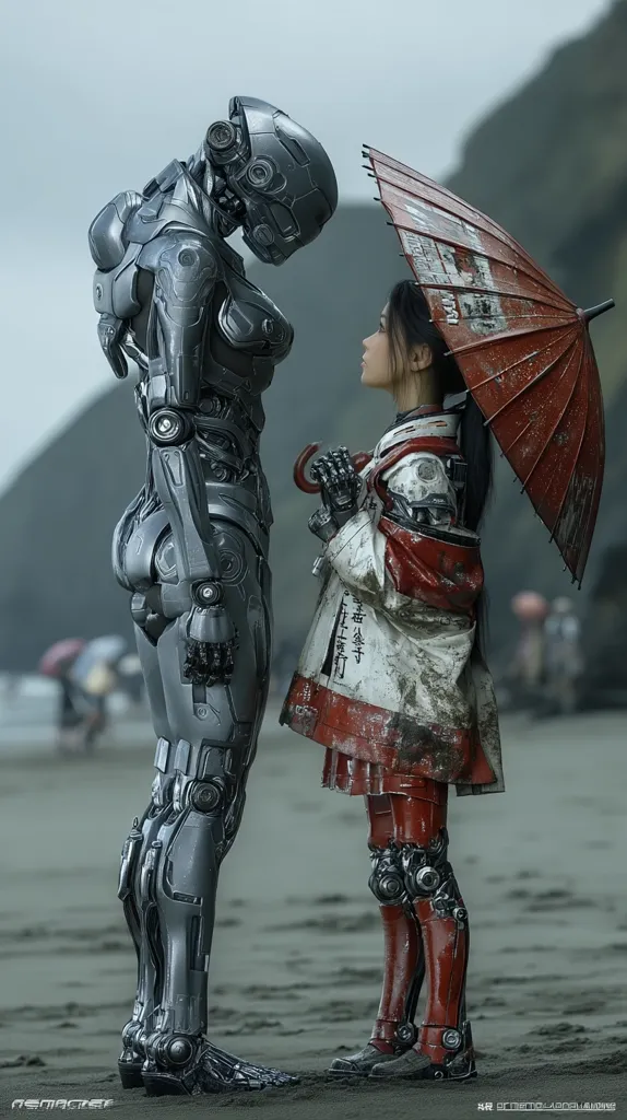 A metallic humanoid robot stands beside a young girl holding a red umbrella on a beach. The robot is detailed with mechanical joints and a helmet, while the girl is dressed in a weathered, red and white outfit with mechanical leg enhancements.  The scene evokes a post-apocalyptic or futuristic setting, suggesting a poignant interaction between humanity and advanced technology.  The overall mood is melancholic and contemplative.