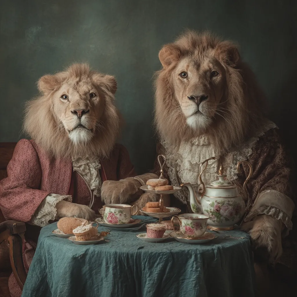 Two majestic lions, adorned in elegant 18th-century attire, partake in an afternoon tea.  They sit poised at a table laden with delicate pastries, teacups, and a floral teapot.  The setting is dark and moody, highlighting the regal appearance of the lions and the refined atmosphere of the tea party. The image is a whimsical blend of the animal kingdom and human culture.