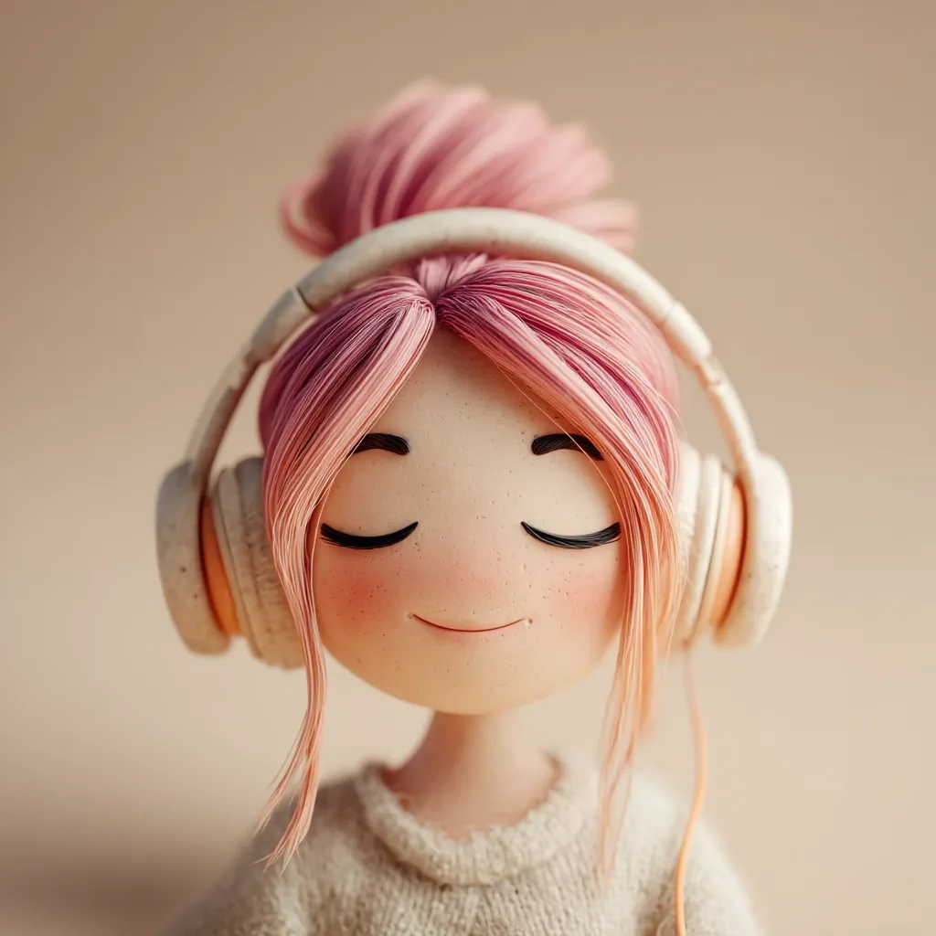A 3D-rendered image of a cute cartoon girl with pink hair in a bun, wearing cream-colored over-ear headphones.  Her eyes are closed, and she has a serene expression, suggesting she's enjoying listening to music.  She's dressed in a light beige sweater, and the overall style is soft and calming. The background is a muted beige.