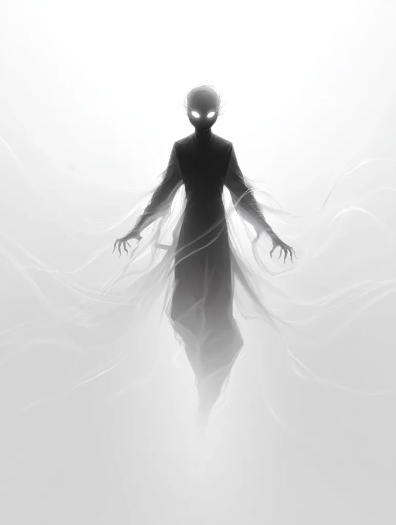 A grayscale illustration depicts a shadowy, humanoid figure seemingly floating in a mist.  The figure's head is elongated, with glowing eyes, and its body is draped in translucent, flowing fabric.  The overall impression is one of ethereal mystery and subtle menace, with the figure's indistinct form adding to its unsettling nature.