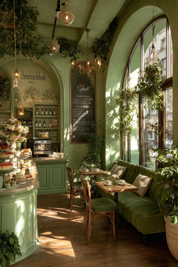 A charming cafe, bathed in sunlight, features sage green walls and furniture.  Abundant greenery, both potted plants and hanging vines, creates a lush atmosphere.  A display case showcases delectable pastries, complementing the menu board. The cafe's warm lighting and wooden floors add to its inviting ambiance.  A long, green velvet banquette offers comfortable seating near a large window.