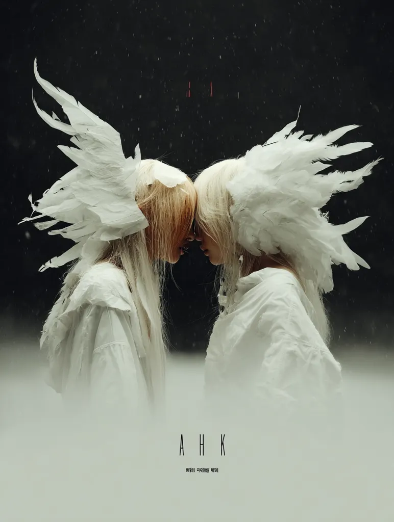 Two figures, adorned in large, white, feathery headdresses resembling wings, face each other.  They are dressed in flowing white garments, creating a ethereal and mysterious ambiance.  A dark, slightly blurred background enhances the contrast, and the letters "A H K" are subtly displayed below, suggesting a title or name. The overall mood is somber yet captivating.
