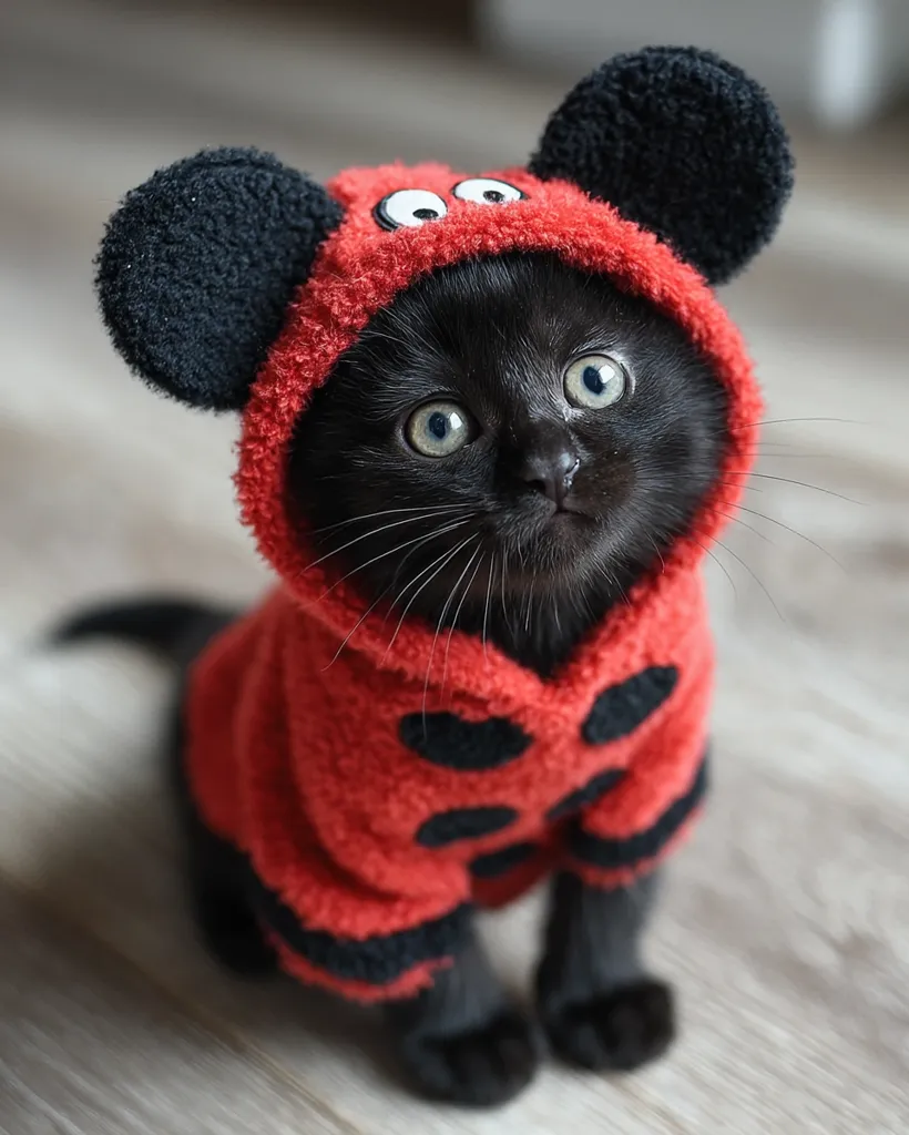 A black kitten is adorably dressed in a red hooded sweater with large black ears resembling Mickey Mouse.  The outfit features black polka dots and the kitten's wide, surprised eyes peek out from the hood.  It sits on a light wood floor, its tiny paws neatly tucked. The overall image is incredibly cute and playful.