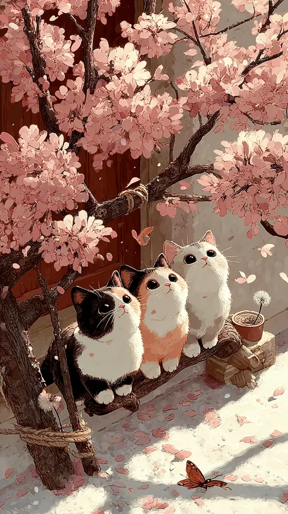 Three adorable cartoon cats sit on a weathered wooden bench beneath a blossoming pink cherry tree.  Petals fall gently around them, creating a serene scene.  Two butterflies flutter nearby, adding to the idyllic atmosphere. The cats gaze upward, seemingly captivated by the beauty of the spring blossoms.  The artwork is soft, whimsical, and evokes a sense of peace and tranquility.