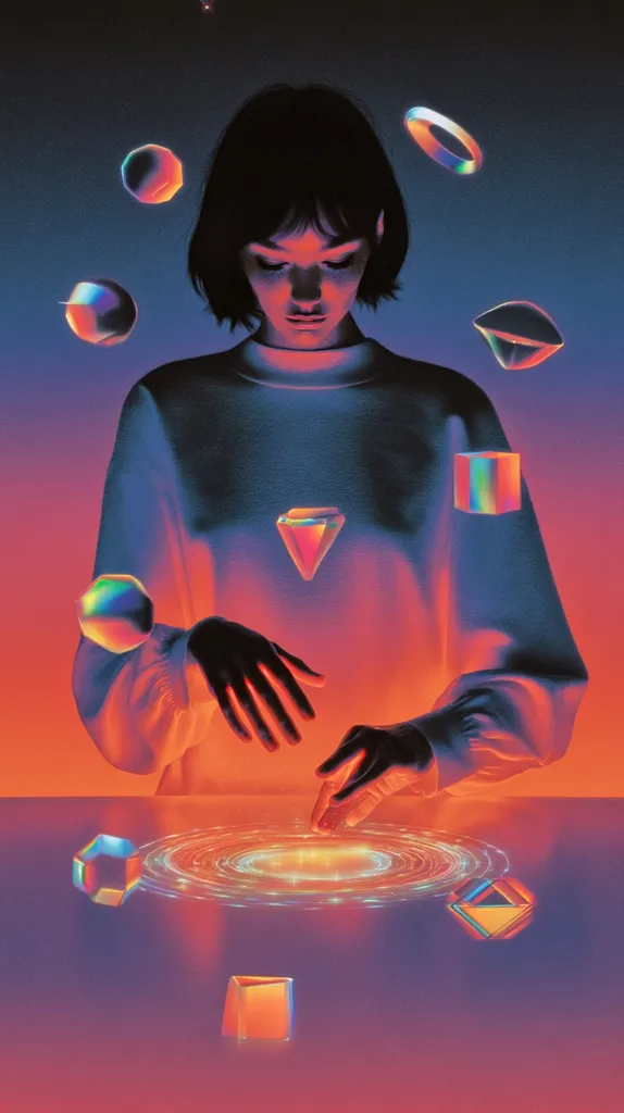 A stylized illustration depicts a young woman with short dark hair, wearing a loose sweater.  She sits before a glowing, swirling surface, her hands hovering above it.  Surrounding her are various iridescent, geometric shapes—cubes, spheres, and diamonds—appearing to float in the air or interact with the central energy field.  The overall aesthetic is synthwave, combining vibrant neon colors with a retro-futuristic feel.
