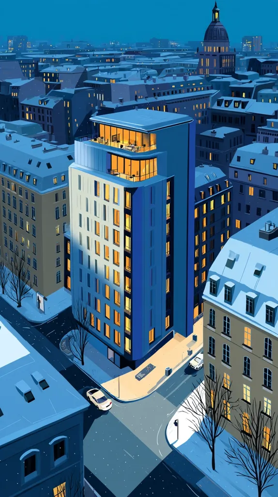 A stylized illustration depicts a modern apartment building at night, illuminated against a backdrop of a snow-covered city.  The building features a glass-fronted top floor and is rendered in cool blues and grays.  Cars are visible on the surrounding streets, adding a sense of urban life. The overall style is clean and graphic, with a focus on geometric shapes and a muted color palette.  A distant church dome hints at historical architecture within the city.