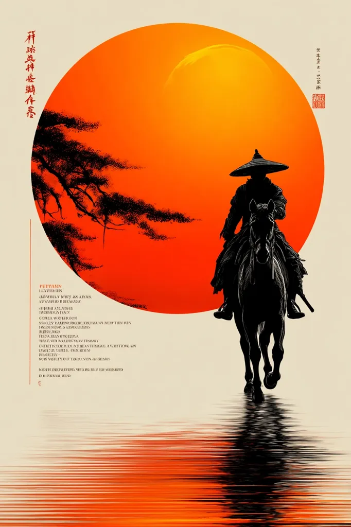A lone samurai, silhouetted against a large, vibrant orange sun, rides a horse towards the viewer.  The scene is minimalist, with only a single tree visible in the background.  The reflective water below mirrors the fiery sky, creating a dramatic and serene atmosphere.  The artwork has a Japanese aesthetic, with stylized text and a sense of tranquility.