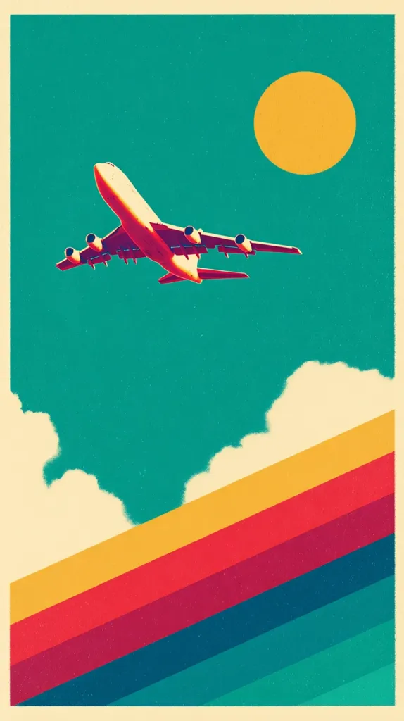 A retro-styled illustration depicts a passenger jet soaring through a vibrant teal sky.  A large yellow sun and stylized clouds add to the vintage aesthetic.  Below, diagonal stripes in warm and cool colors create a dynamic, rainbow-like effect, completing the nostalgic travel poster feel. The image evokes a sense of freedom and adventure.