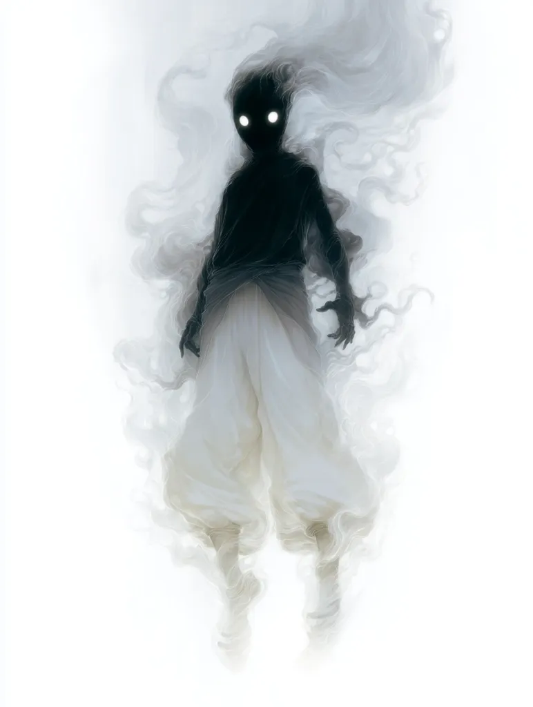 A shadowy, humanoid figure with glowing eyes floats amidst swirling, ethereal smoke.  The figure is dark, almost entirely black, contrasting sharply with its light-colored, flowing pants.  The overall effect is one of mystery and otherworldliness, suggestive of a ghost or spirit. The white background enhances the contrast and emphasizes the figure's spectral quality.