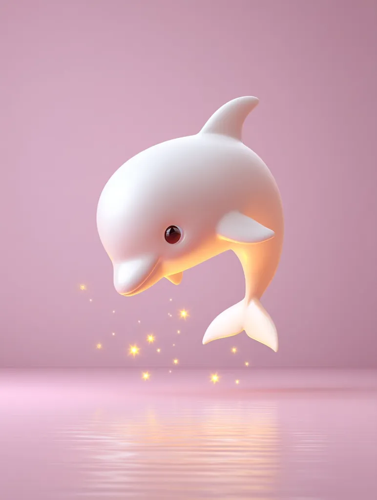 A cute, cartoonish white dolphin leaps out of pink water, emitting sparkling golden particles.  The dolphin is stylized with simplified features and a smooth, matte texture. The scene is set against a soft pink background, creating a whimsical and serene atmosphere. The overall style suggests a childlike innocence and playful magic.