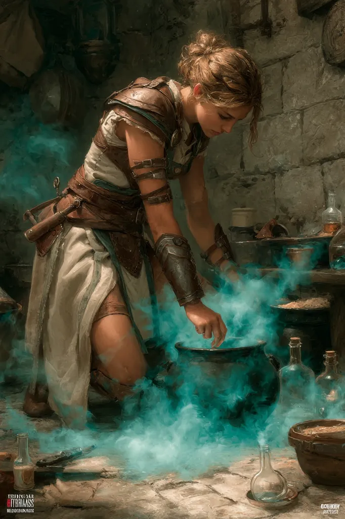 A young woman, clad in leather armor and a flowing white tunic, kneels before a steaming cauldron.  Emerald-green smoke billows from the pot, obscuring her lower body.  She intently adds a final ingredient to her concoction, her focused expression hinting at the potency of her alchemic work.  The scene is set within a dimly lit, stone-walled room, cluttered with various alchemical tools and ingredients.