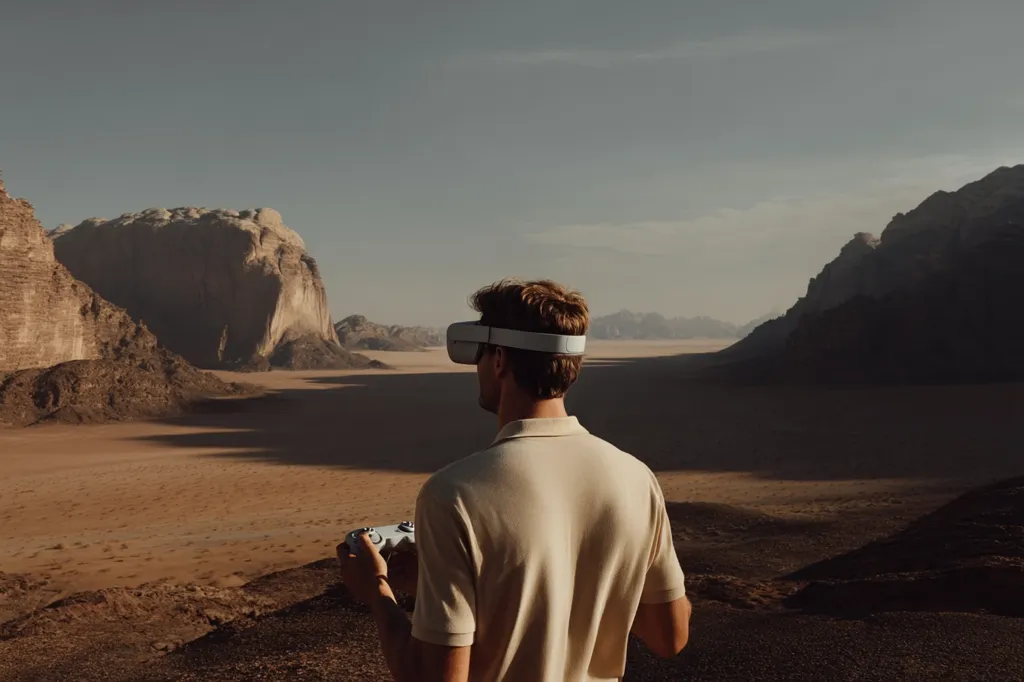 A man wearing a VR headset stands on a desert hilltop overlooking a vast, rocky landscape.  He holds a controller, suggesting he's remotely piloting a drone or experiencing a virtual environment. The sun casts long shadows across the arid terrain, enhancing the dramatic scenery. The image conveys a sense of adventure and technological exploration in a remote location.