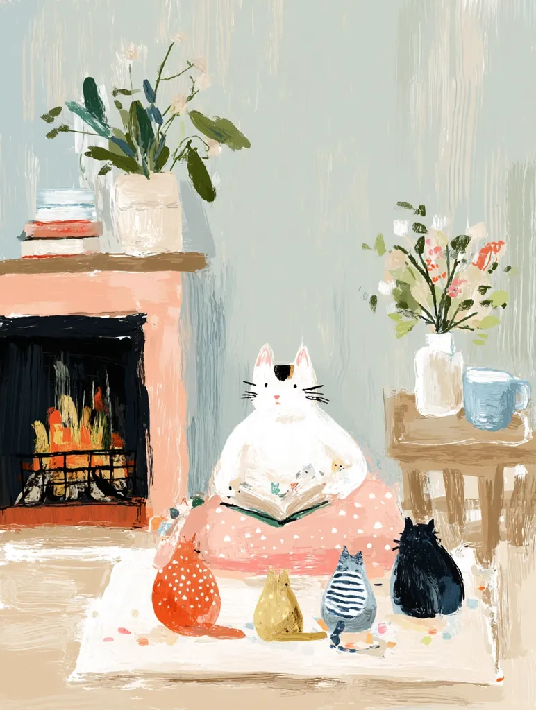 A cozy scene depicts a large white cat engrossed in a book, nestled on a pink polka-dot cushion in front of a fireplace.  Smaller cats, orange, yellow, and striped, sit attentively nearby.  A vase of flowers and a mug rest on a side table, enhancing the warm, inviting atmosphere of the room.  The painting style is loose and textured, with visible brushstrokes.