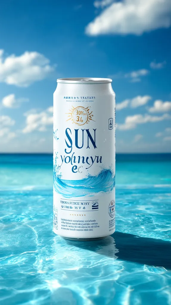A can of Sun yo(in)nyu ec sits on a calm, turquoise ocean surface under a bright blue sky dotted with fluffy white clouds.  The can's design features a sun graphic and ocean waves, reflecting the refreshing nature of the drink.  The text includes percentages and possibly ingredients or product information.  The overall image evokes a feeling of summer and relaxation.