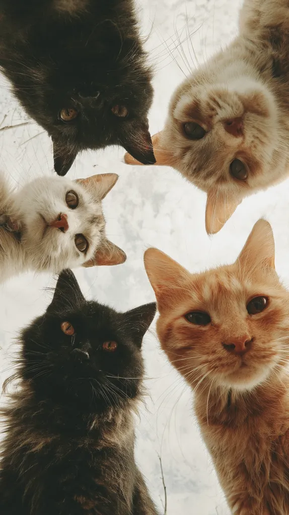 Five cats look down at the camera from an upside-down perspective.  A black cat is at the top, flanked by a cream-colored cat and a white and grey cat.  Below them, another black cat and an orange tabby cat complete the circle.  The cats' expressions range from curious to slightly grumpy, creating a playful and charming image.