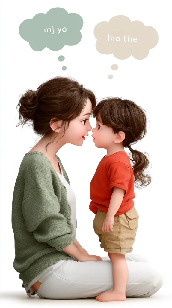 A mother and her toddler daughter are seated close, their foreheads touching.  Thought bubbles above them contain the Korean words "mj yo" and "mo the," possibly indicating their inner thoughts or a sweet exchange. The mother wears a sage green cardigan and white pants, while the child is dressed in an orange shirt and khaki shorts.  The illustration is digitally rendered, showcasing a soft, heartwarming moment.