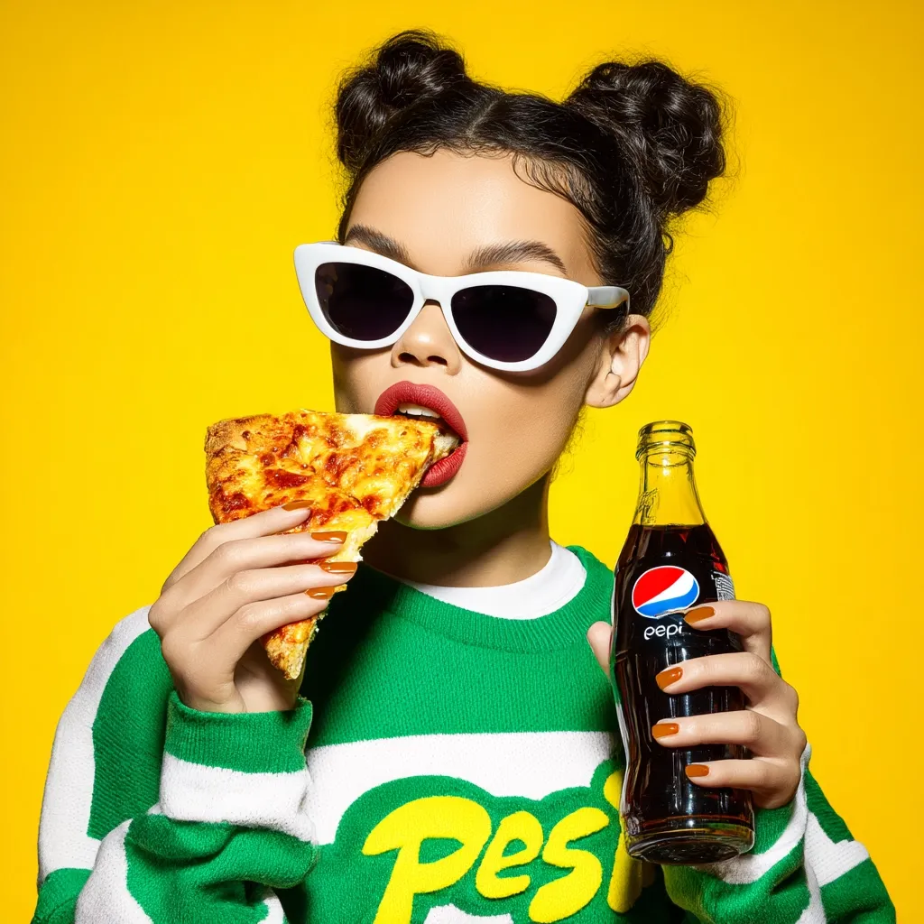 A young woman with her hair in space buns wears white cat-eye sunglasses and a green Pepsi-logo sweater.  She bites into a slice of cheesy pizza while holding a bottle of Pepsi. The vibrant yellow background accentuates her bold style and the fun, youthful scene.  The image is bright, colorful, and evokes a sense of carefree enjoyment.