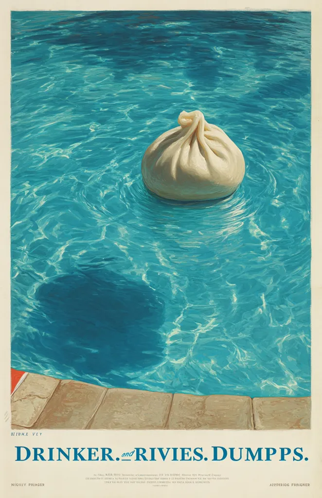 A large, pale bao bun floats serenely in a shimmering turquoise swimming pool.  The water's surface reflects sunlight, creating ripples around the bun. The pool's edge, composed of light brown tiles, is visible at the bottom.  The overall style is hyperrealistic, with a strong focus on the contrast between the soft bun and the vibrant water.  The title "DRINKER. and RIVIES. DUMPS." is displayed at the bottom, along with artist credits.