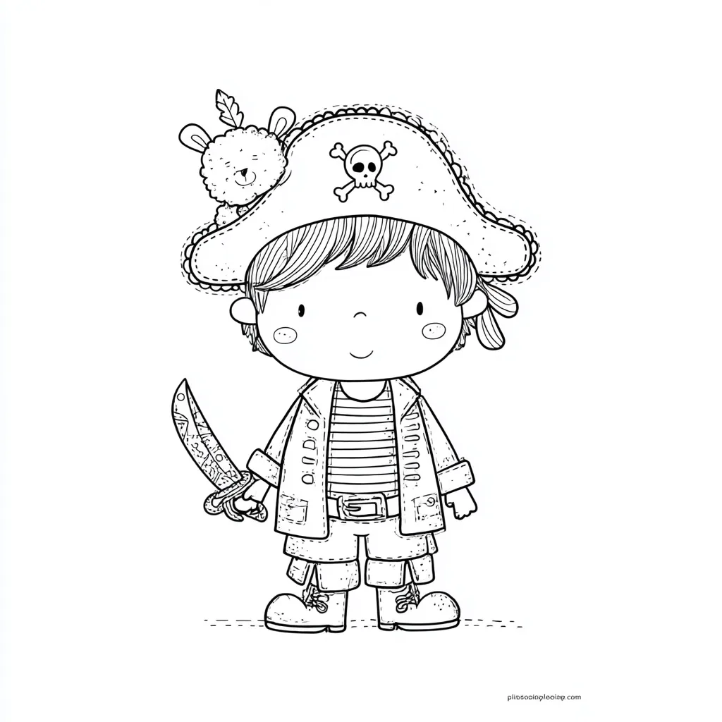 A cute, cartoon illustration of a young boy dressed as a pirate. He wears a tricorn hat adorned with a skull and crossbones, a pirate jacket, and holds a sword. A small, fluffy bunny sits atop his hat. The style is simple line art, perfect for coloring pages or children's books.  The boy has a cheerful expression.
