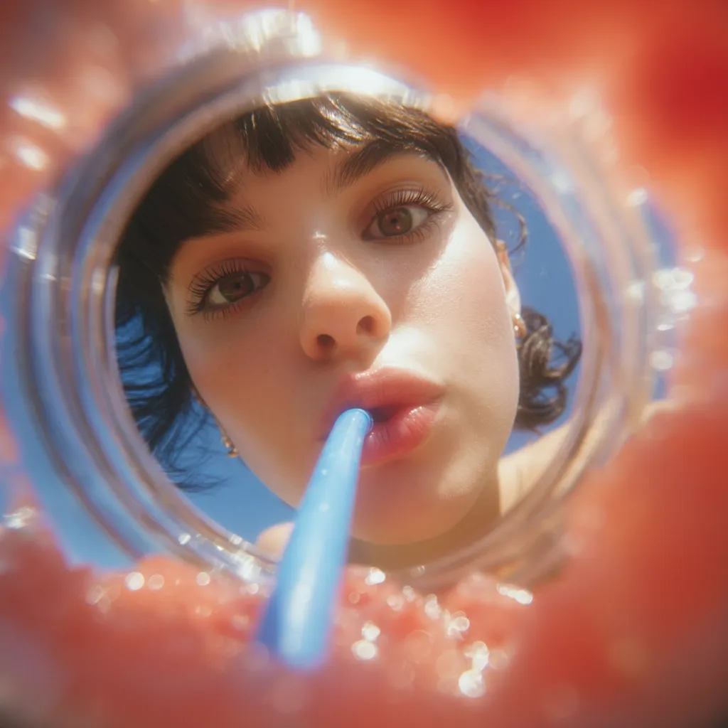 Close-up shot from inside a glass, showing a young woman with dark bangs drinking a pink smoothie through a blue straw.  The sunlit scene is bright and vibrant, creating a cheerful, summery feel.  The perspective is distorted, giving a playful, intimate view of the subject enjoying her drink.