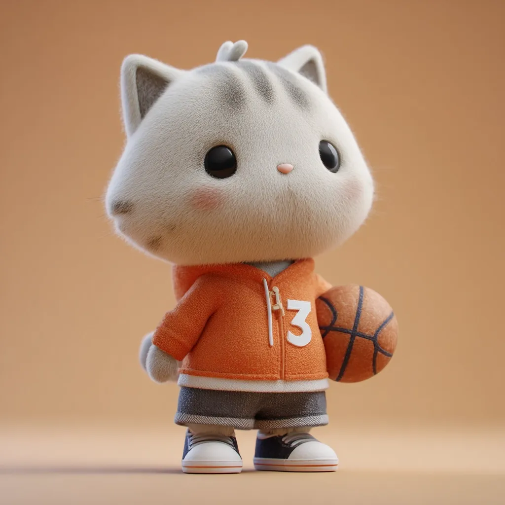A cute, fluffy, gray and white cat character, rendered in 3D, stands holding a basketball.  It's dressed in an orange hoodie with the number "3" and gray pants, completing its sporty look with sneakers. The cat has large, expressive eyes and rosy cheeks, giving it an endearing appearance.  The background is a muted orange, highlighting the character.