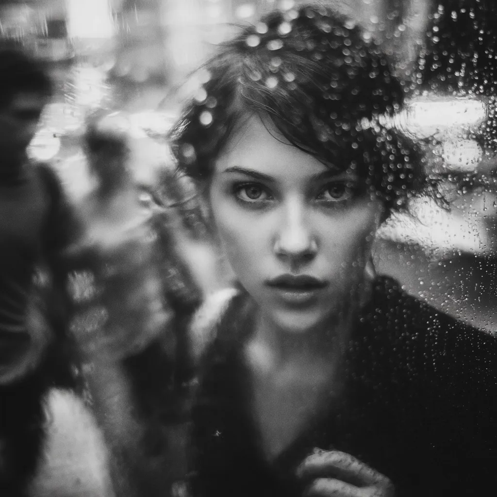 A black and white portrait of a young woman viewed through a rain-streaked window.  Her expression is serious, her gaze intense.  The raindrops create a soft, blurred effect, adding to the melancholic mood.  A blurred figure is visible in the foreground, suggesting reflection or a second presence. The overall image conveys a sense of mystery and introspection.