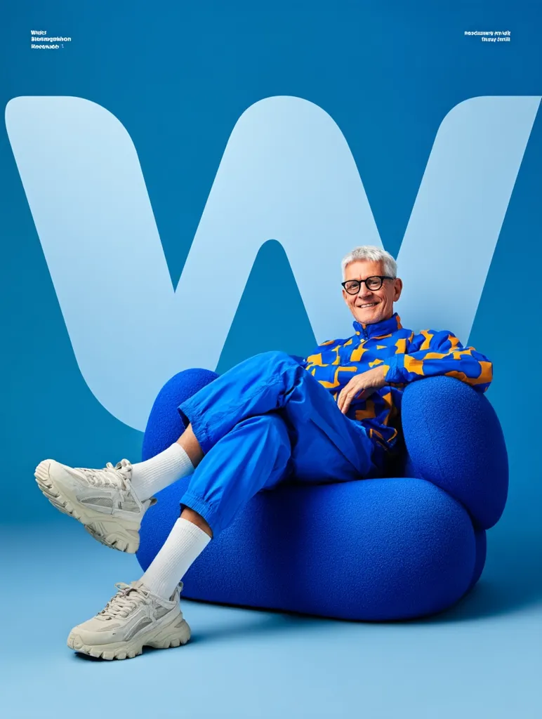 A smiling older man with glasses relaxes in a bright blue, oversized beanbag chair.  He's wearing blue sweatpants and a patterned jacket, and cream-colored chunky sneakers.  The background features a large, stylized blue "W" logo. The image is vibrant and contemporary, suggesting a lifestyle or brand advertisement.