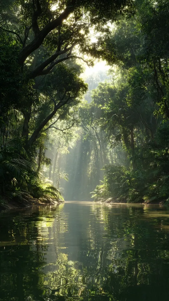 Sunlight streams through a lush, green canopy over a calm river.  The tranquil waterway reflects the vibrant foliage and dappled light.  Dense trees line the banks, creating a serene and secluded jungle scene.  The air is still, and the overall atmosphere is one of peaceful solitude in the heart of nature.