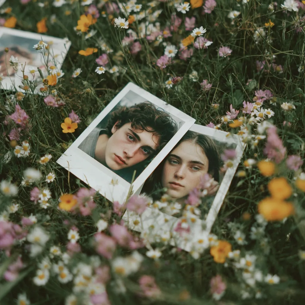 Two Polaroid photos of a young man and woman lie nestled amongst a vibrant field of wildflowers.  The images, slightly overlapping, showcase the subjects' faces close-up, their expressions serene and thoughtful.  The surrounding blooms are a mix of daisies, buttercups, and other small flowers, creating a soft, romantic atmosphere.  Another partially visible Polaroid is in the background.