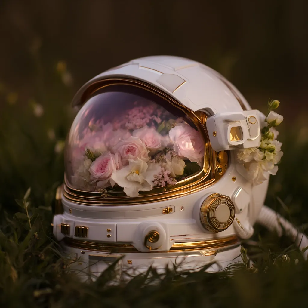 A white astronaut helmet sits nestled in the grass.  The helmet's visor is filled with a delicate bouquet of pink and white roses and other flowers, creating a striking contrast between the futuristic helmet and the soft, romantic floral arrangement.  The golden accents on the helmet add to the overall elegant and unusual scene.