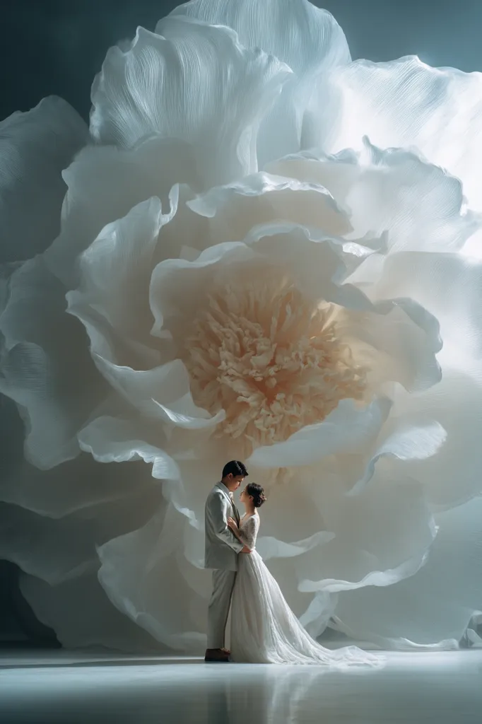 A wedding couple stands embracing in front of a colossal, artfully crafted white peony. The groom, in a light-grey suit, gently holds his bride, who wears a flowing white gown.  The immense flower dominates the background, its delicate, paper-like petals creating a dramatic and ethereal setting. The soft lighting enhances the romantic atmosphere.